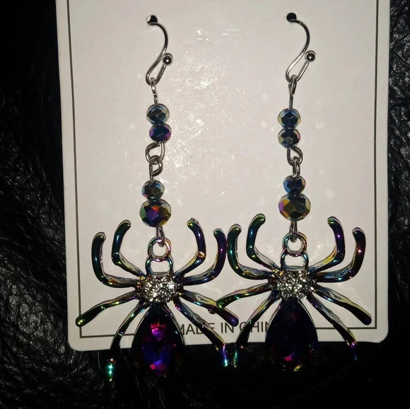 Iridescent Rhinestone Spider Dangle Earrings - Picture 5 of 7